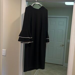 Calvin Klein Black Dressy Dress with Bell Sleeves, Pearl Accents and Gold Zipper